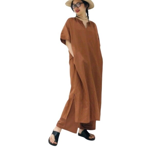 Uniqlo Minimalist Boho Oversized Maxi Dress Womens XXS Linen Blend Brown Kaftan - Picture 1 of 9